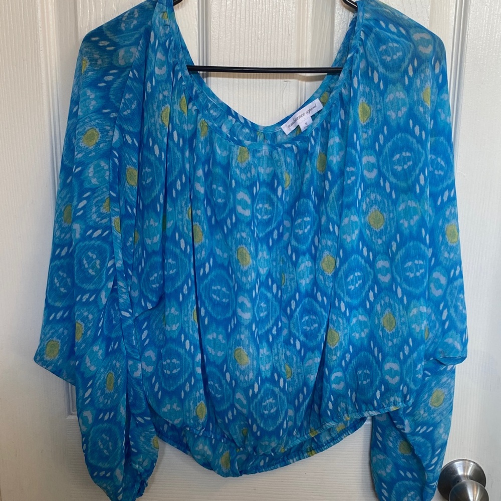 Ambiance Teal & Lime Ikat-Print Boatneck Blouse